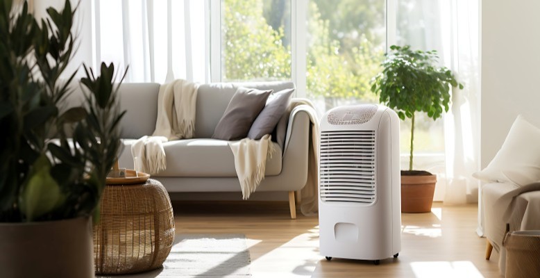 Living room with a dehumidifier running to reduce indoor humidity and improve indoor air quality